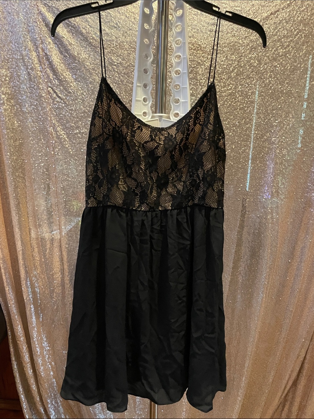 XXL Black Lace-Top Satin Chemise Slip Dress